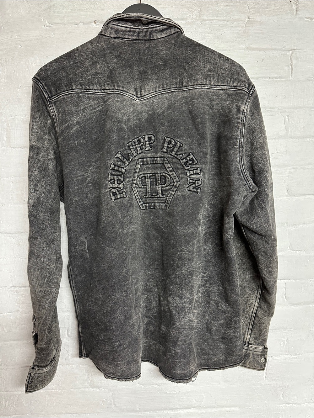 Philipp Plein Distressed Black Sweatshirt Shirt Jacket with Embroidered Logo